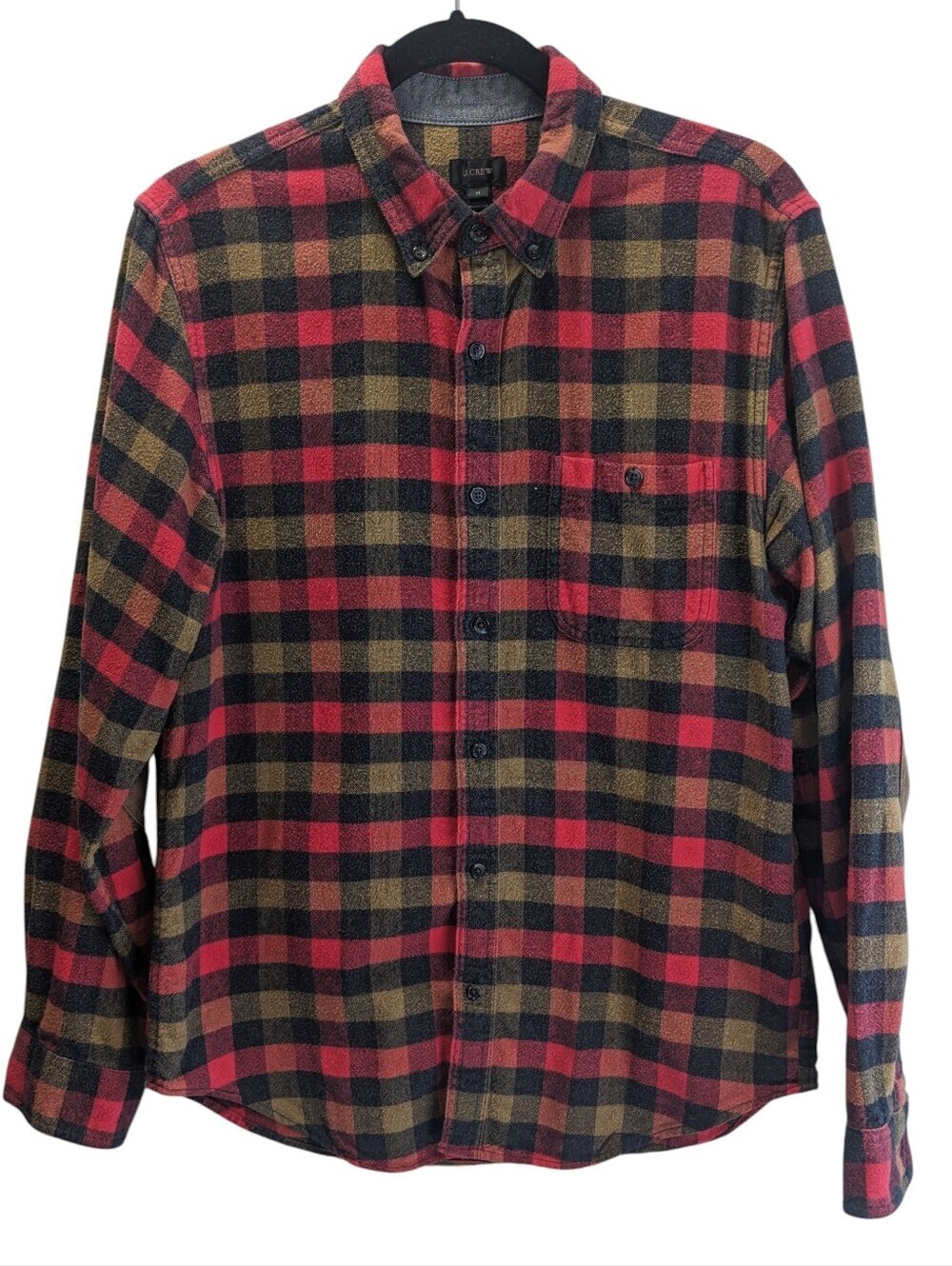 J. Crew Red & Brown Plaid Button-Down Shirt Wool Blend Leather Elbow Patches M